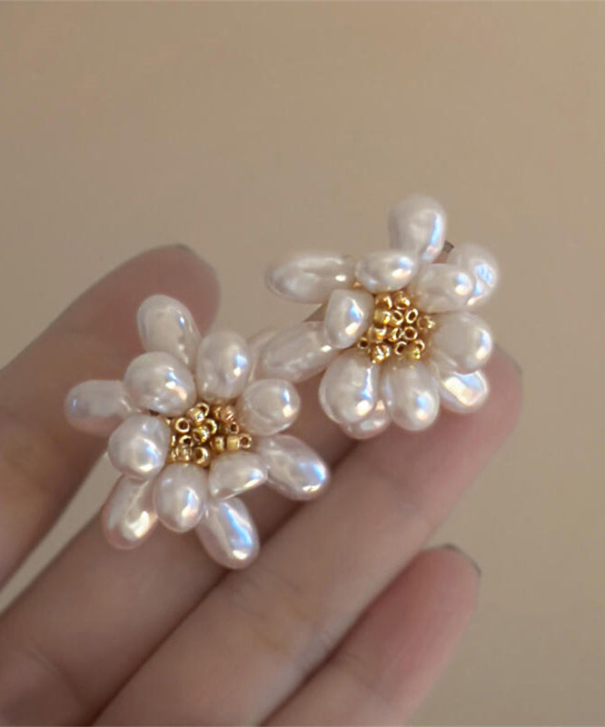 Boucles d'oreilles à tige élégantes en alliage de cuivre blanc avec perles florales - Street-Wave