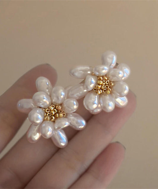 Boucles d'oreilles à tige élégantes en alliage de cuivre blanc avec perles florales - Street-Wave