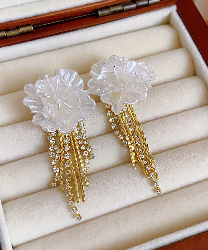 Boucles d'oreilles pendantes élégantes en argent sterling blanc doré à motif floral et pompon - Street-Wave