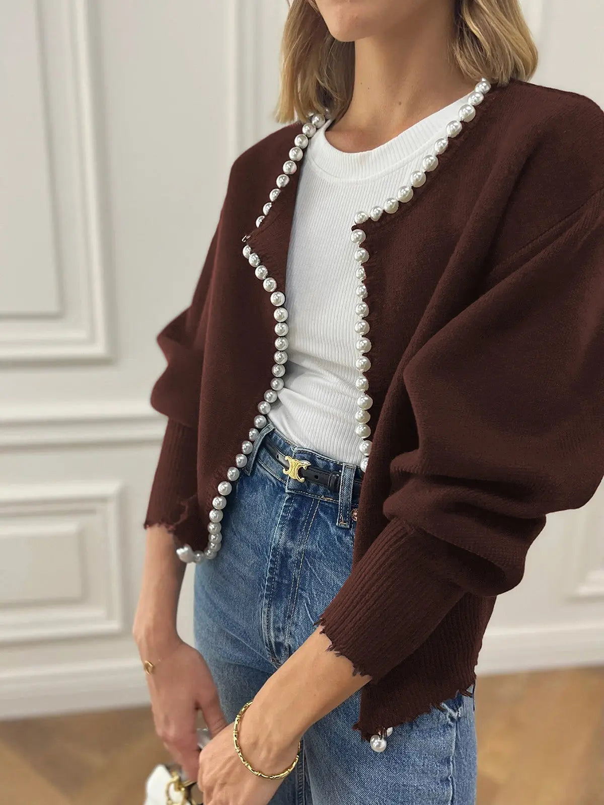 Pearl Trim Cardigan for Women Street Wave Elegant Layering