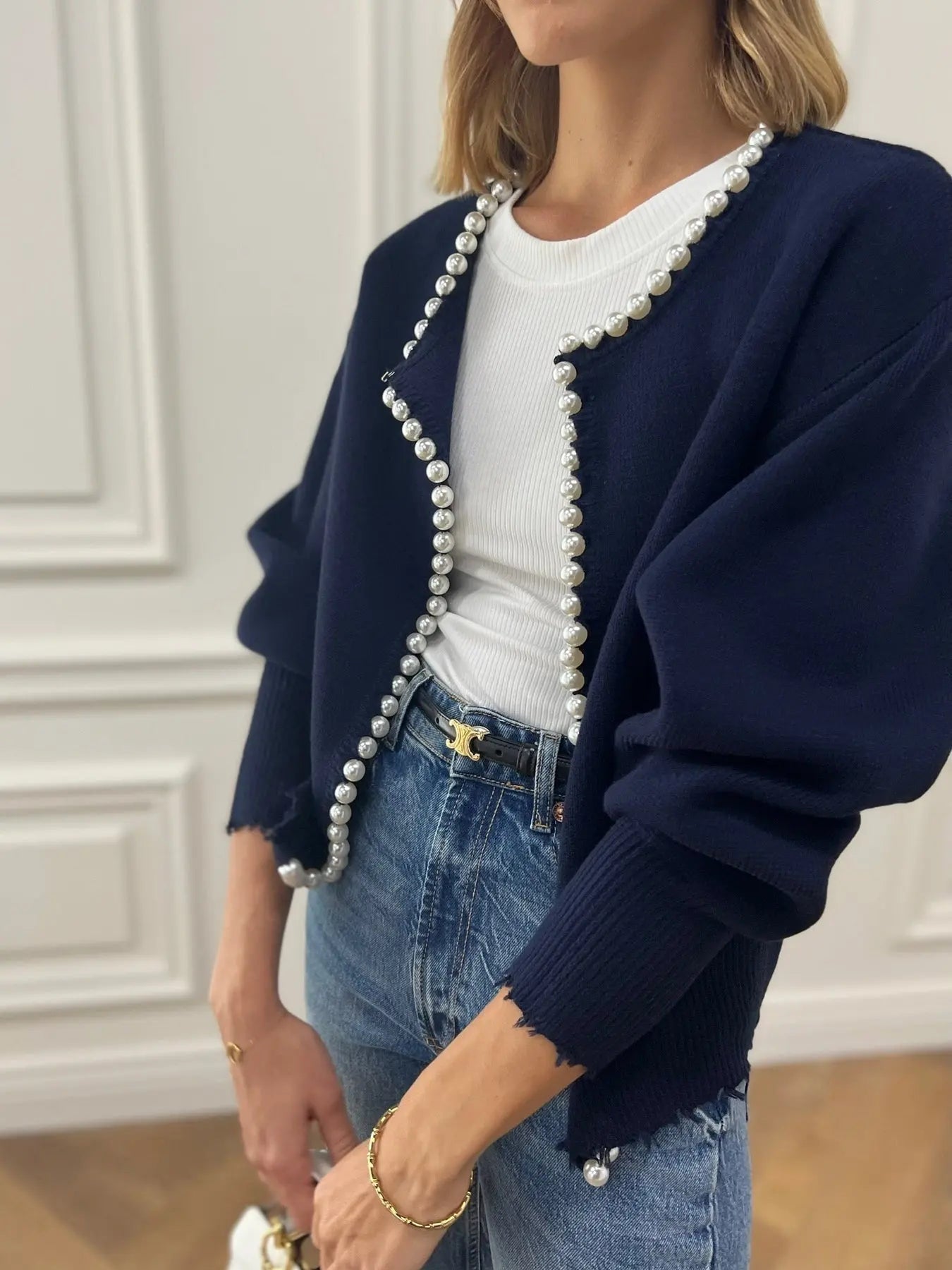 Pearl Trim Cardigan for Women Street Wave Elegant Layering