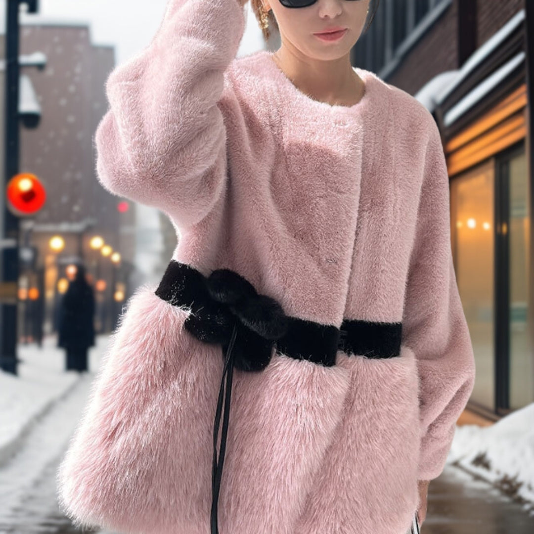 Streetwave Pink Faux Fur Belted Short Jacket For Women Luxe Comfort And Elegance