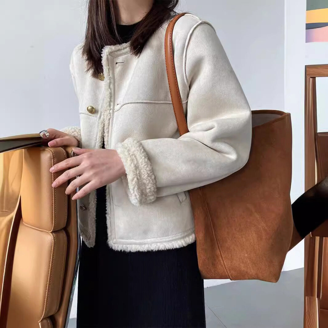 Street Wave Women's Suede Texture Sherpa Lined Boxy Jacket Metal Button Front