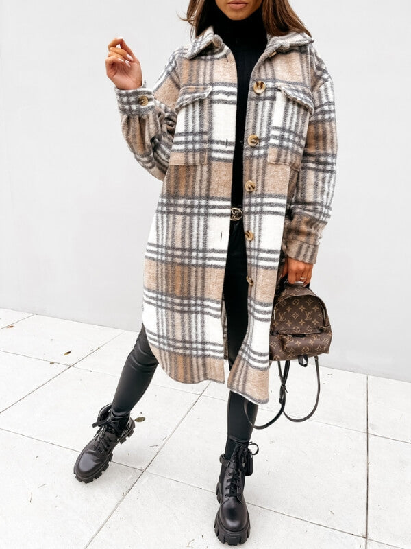 Street-wave Long Plaid Wool Coat For Women With Cozy Comfort And Oversized Fit For Everyday Style