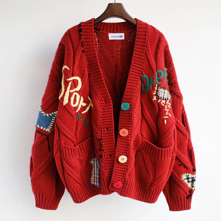Street Wave Patchwork Cardigan For Women Cozy Warmth And Layering Essential With Multicolor Stitch Details