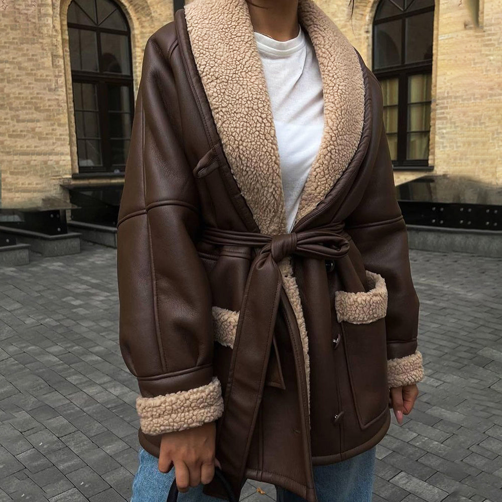 Street-Wave Winter Fur-Lined PU Leather Jacket For Fashion-Forward Women Cozy Warmth