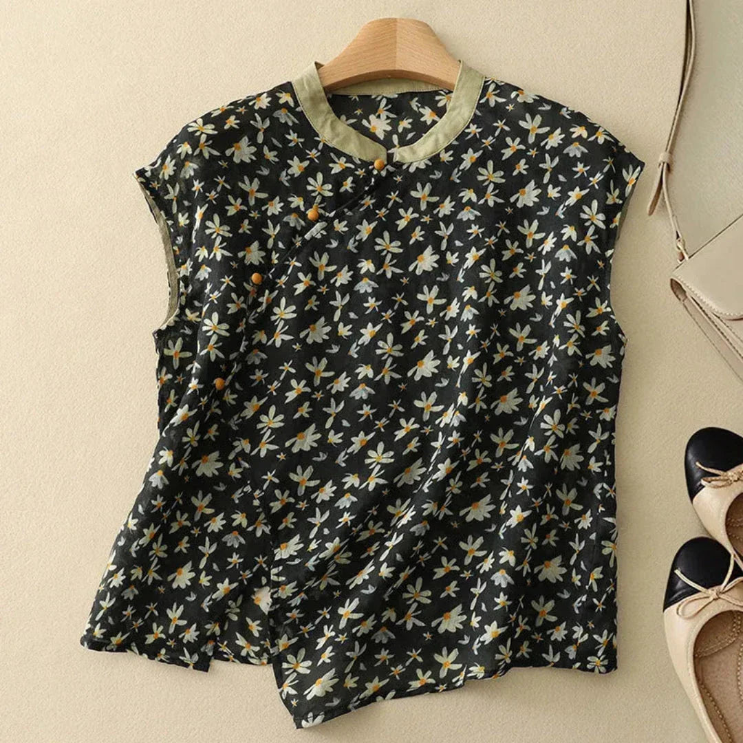 Ellen Chinese Collar Vintage Linen Blouse