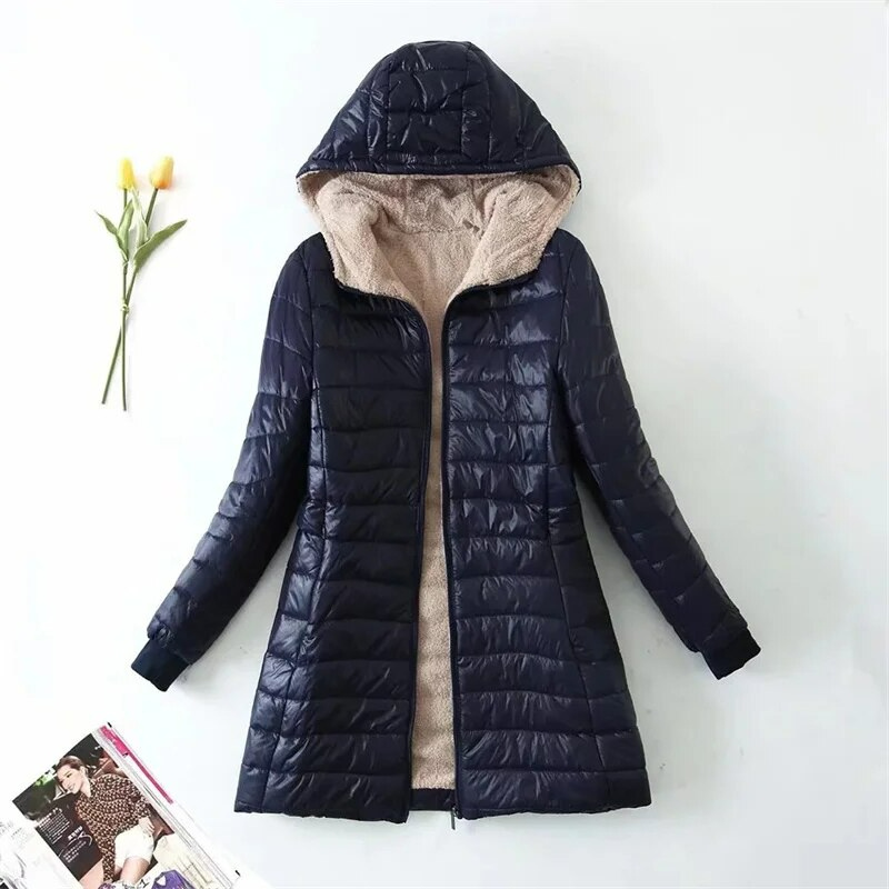 Street Wave Quilted Long Coat For Women With Fleece Lining For Warm Winter Comfort