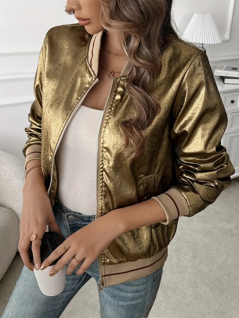 Street-wave Metallic Bomber Jacket For Women Shimmering Gold Lux Sporty Chic Outerwear