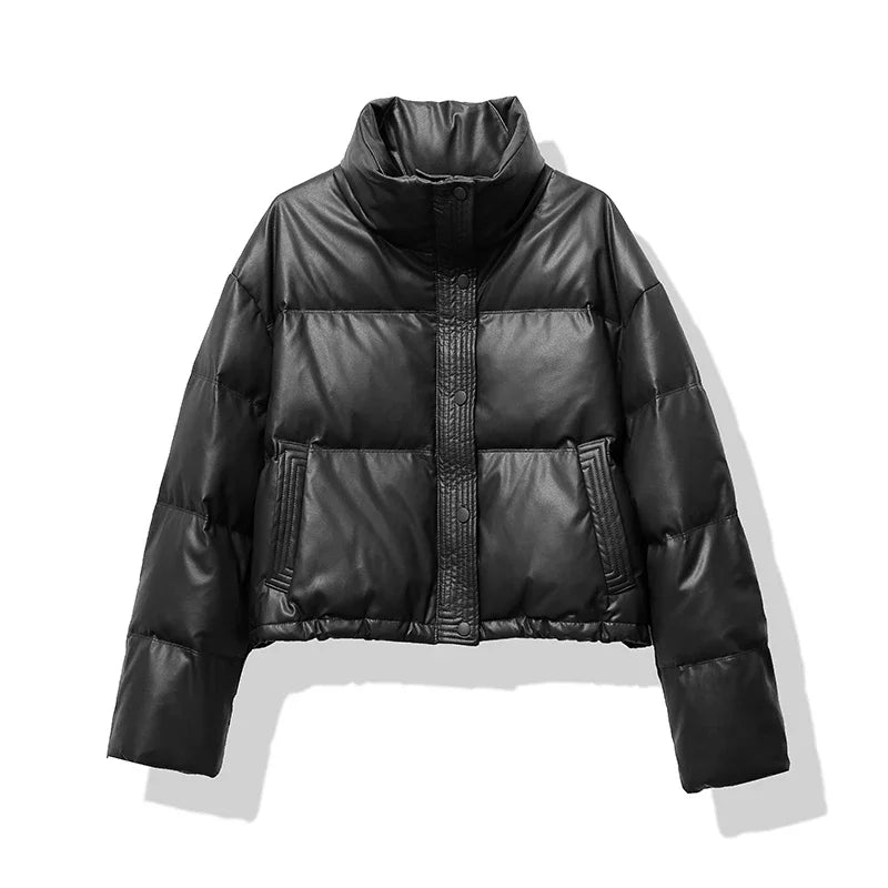 Street-Wave Womens Black Puffer Jacket With Stand Collar For Cozy Winter Warmth And Quilted Design