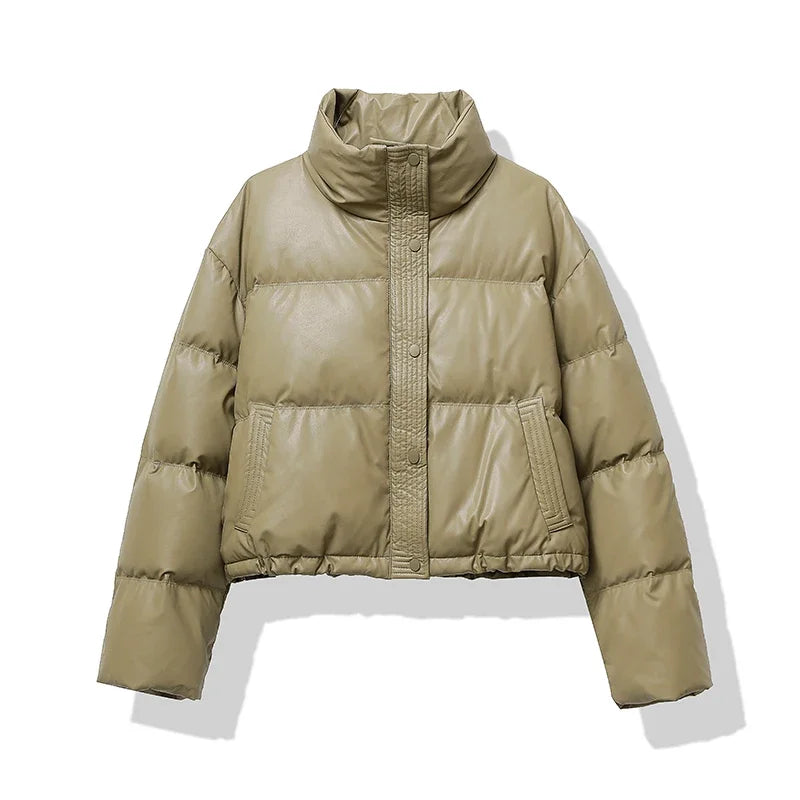 Street-Wave Womens Black Puffer Jacket With Stand Collar For Cozy Winter Warmth And Quilted Design
