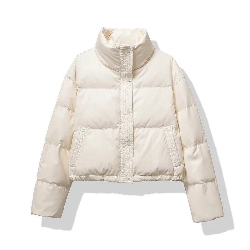Street-Wave Womens Black Puffer Jacket With Stand Collar For Cozy Winter Warmth And Quilted Design