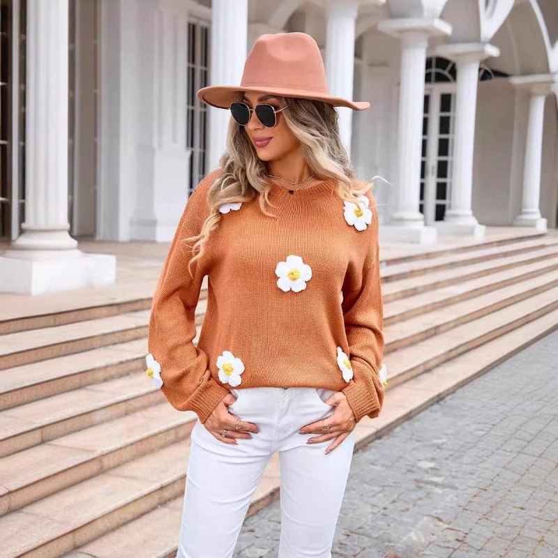 Street Wave 3D Floral Knit Sweater For Women, Cozy Loose Fit With Lantern Sleeves In Pink