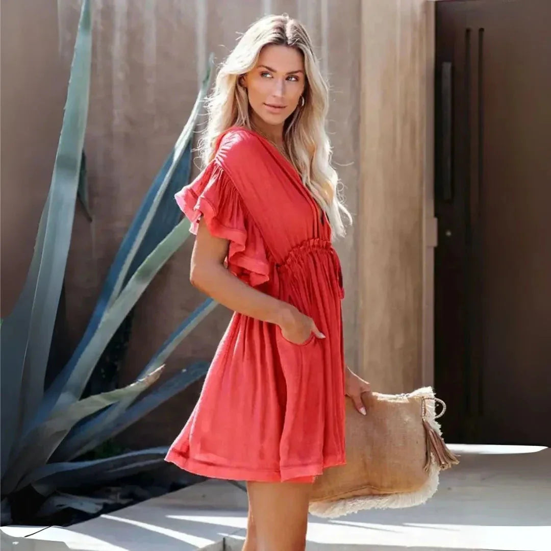 Erica V-Neck Ruffle Sleeve Mini Dress