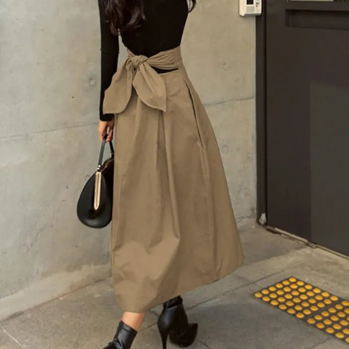 Street-Wave High Waist Midi Skirt With Bow Back Detail For Elegant Women, Versatile Everyday Outfit