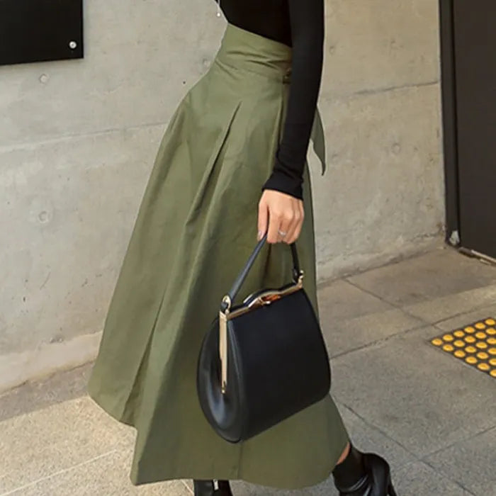Street-Wave High Waist Midi Skirt With Bow Back Detail For Elegant Women, Versatile Everyday Outfit