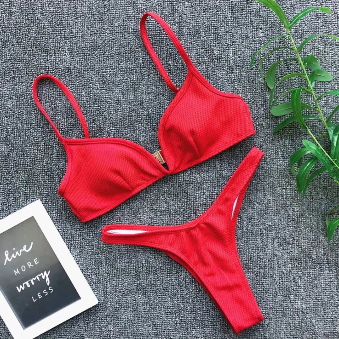Waylynn Eva Push Up Plunge Ribbed Bikini Set for Women