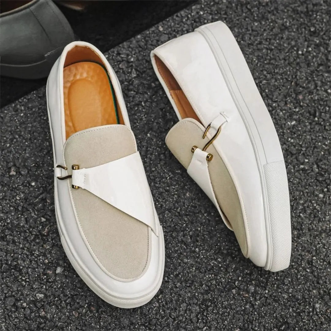 Ezra Penny Loafers For Men By Street-Wave White Leather Slip On With Gold Tone Side Detail Cushioned Insole