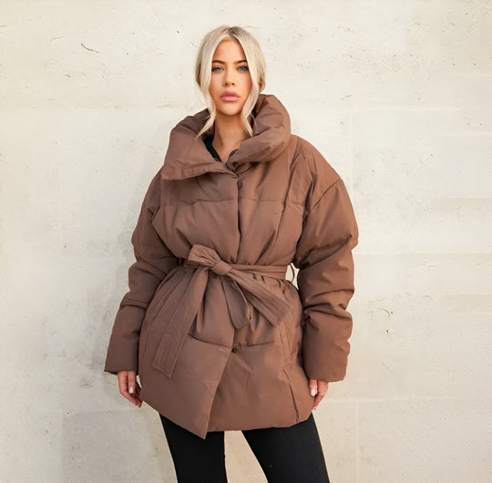 Street Wave Belted Puffer Jacket With Oversized Collar For Plus Size Women Winter Coat