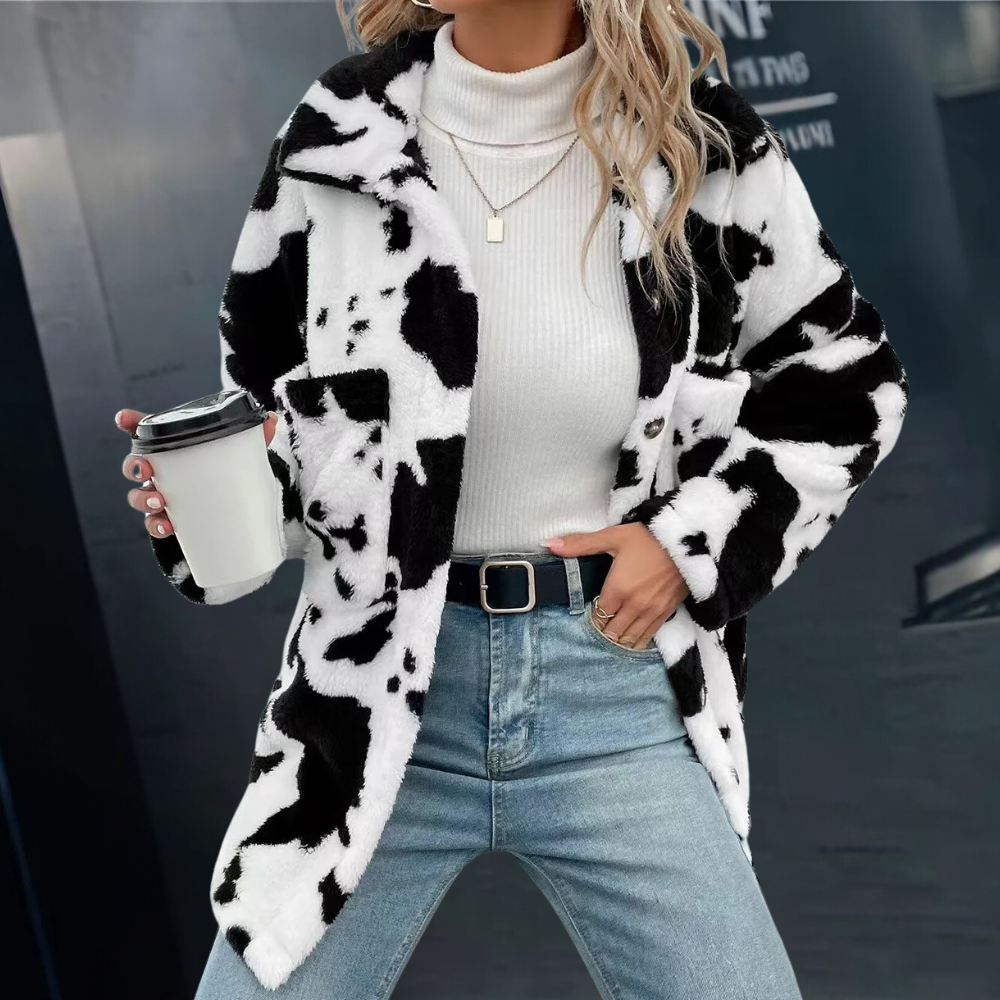 Street-Wave Plush Winter Jacket for Women Cozy Warmth Faux Fur Cow Print Jacket With Soft Texture