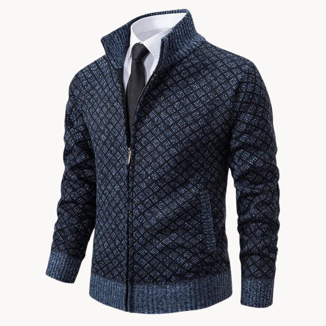 Street Wave Mens Jacquard Knit Zip Cardigan With Rollneck For Cold Wind Shield Warmth Everyday Style