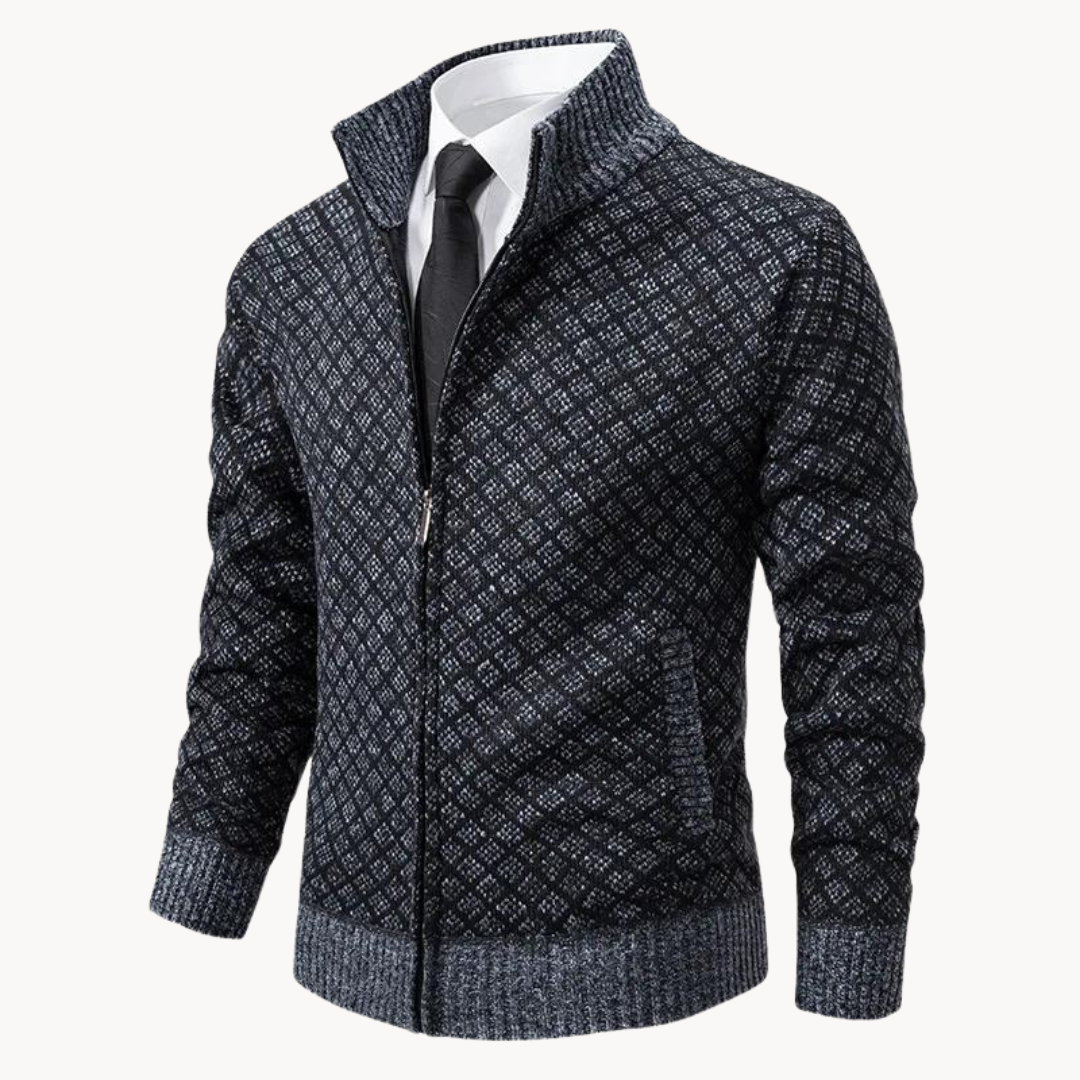 Street Wave Mens Jacquard Knit Zip Cardigan With Rollneck For Cold Wind Shield Warmth Everyday Style