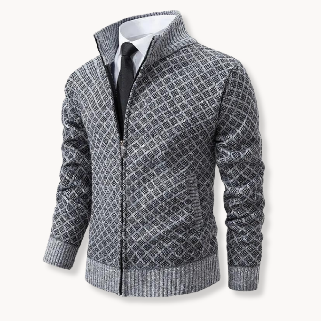 Street Wave Mens Jacquard Knit Zip Cardigan With Rollneck For Cold Wind Shield Warmth Everyday Style