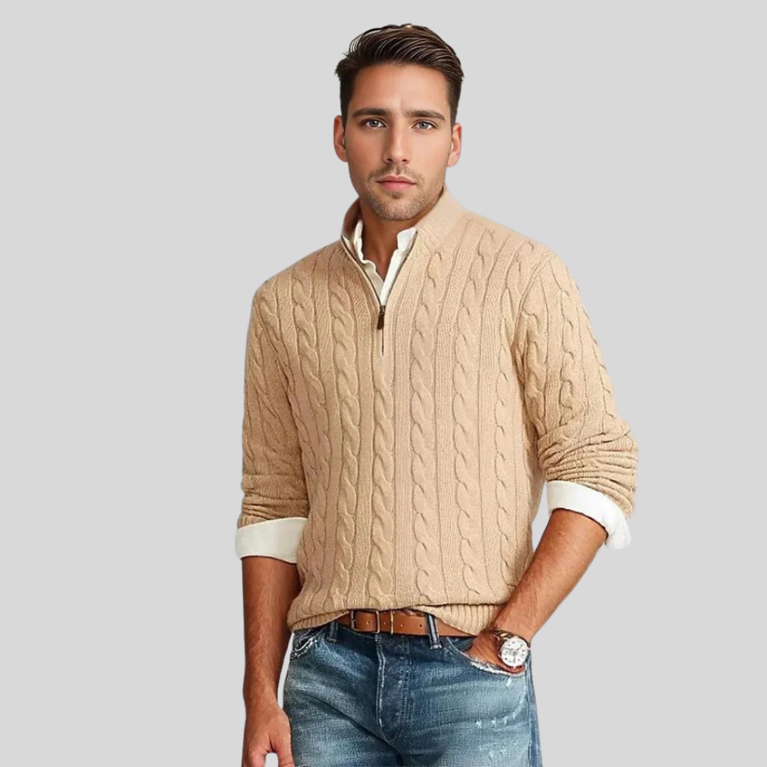 Cable Knit Zip Sweater For Men Street Wave Warmth Timeless Style Versatile Everyday Wear