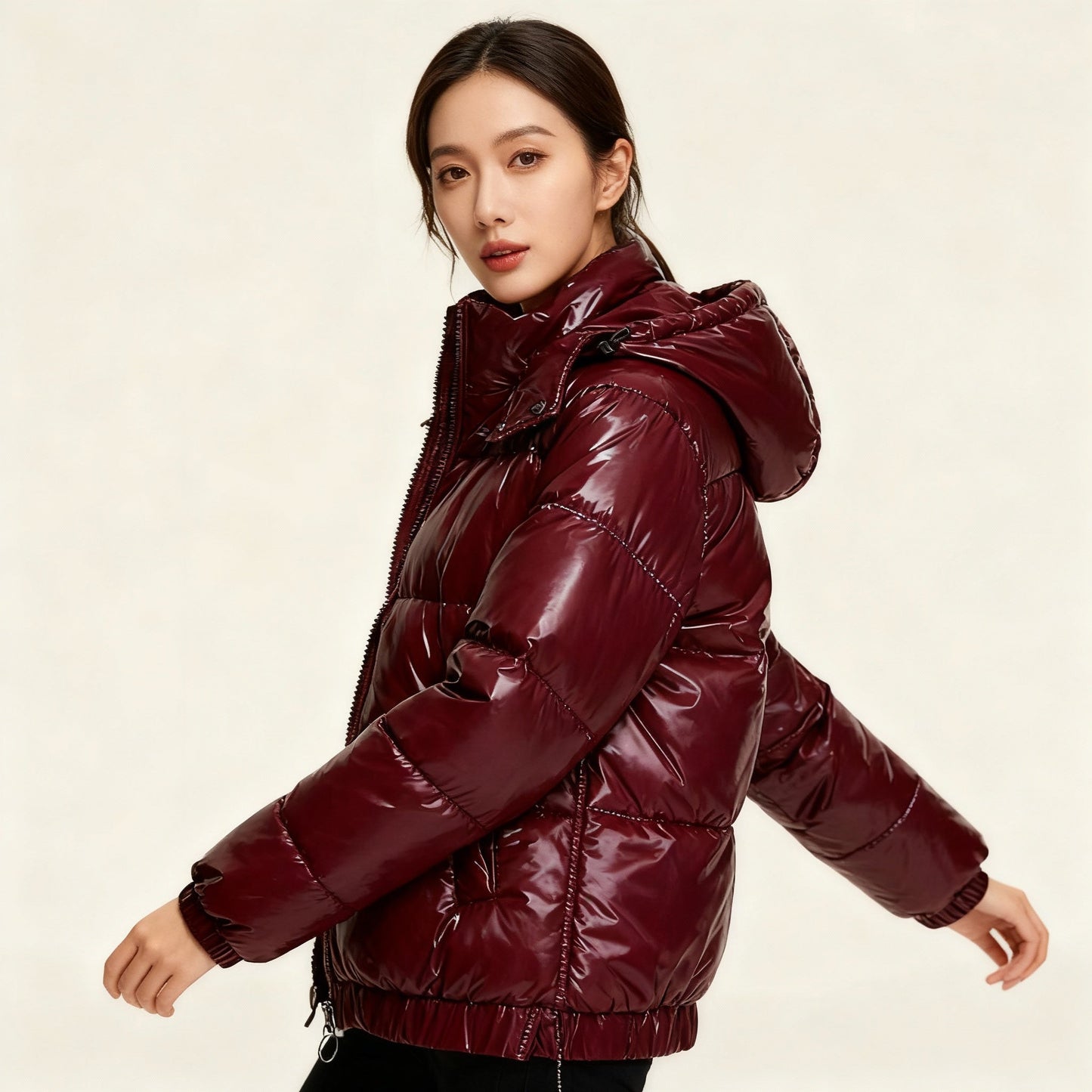 Street Wave Womens Burgundy Glossy Puffer Jacket With Hood Water Resistant Warm Winter Coat