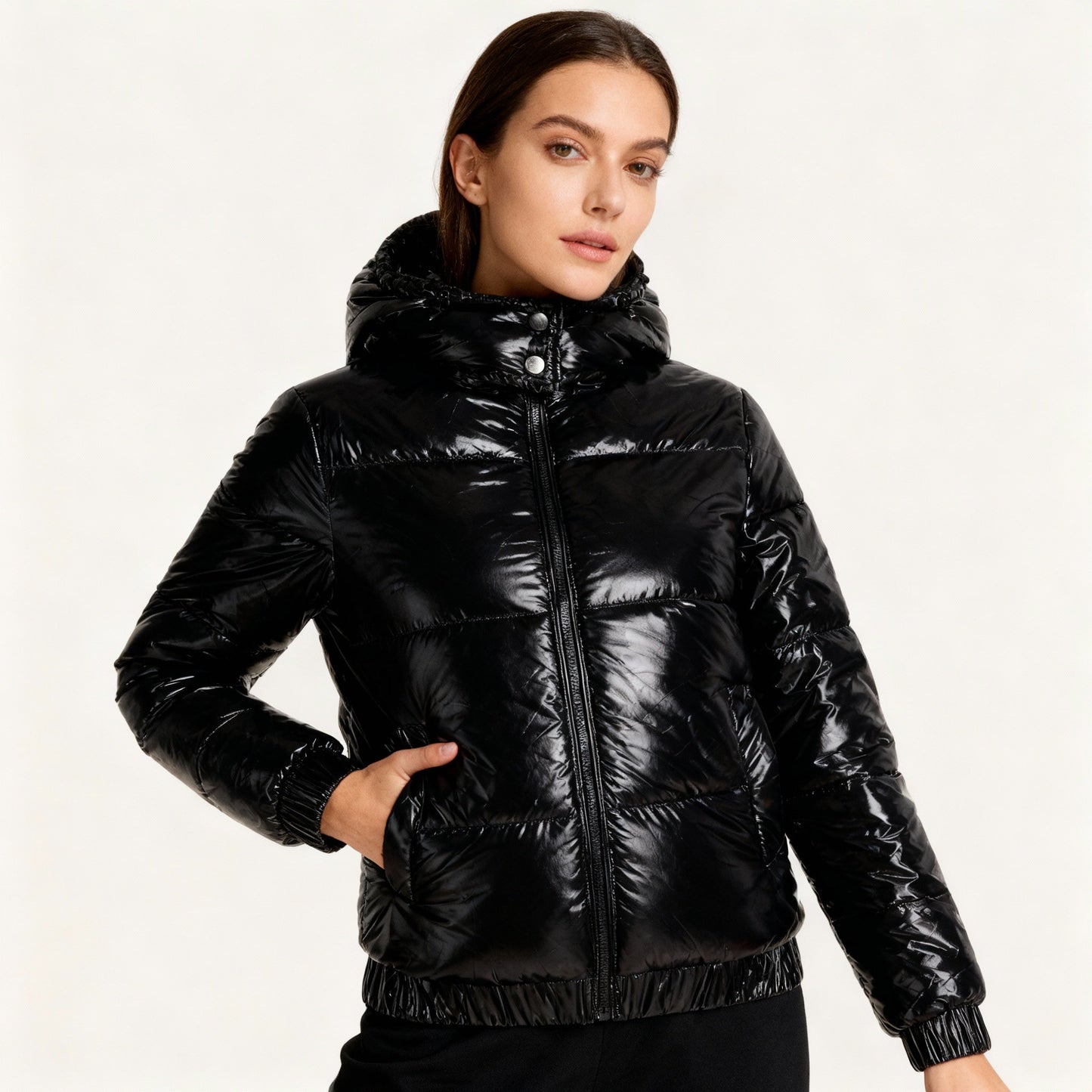Street Wave Womens Burgundy Glossy Puffer Jacket With Hood Water Resistant Warm Winter Coat
