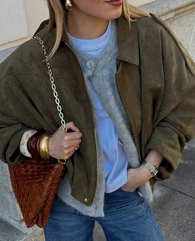 Street-wave Oversized Vegan Suede Jacket for Women with Relaxed Streetwear Fit and Mobility