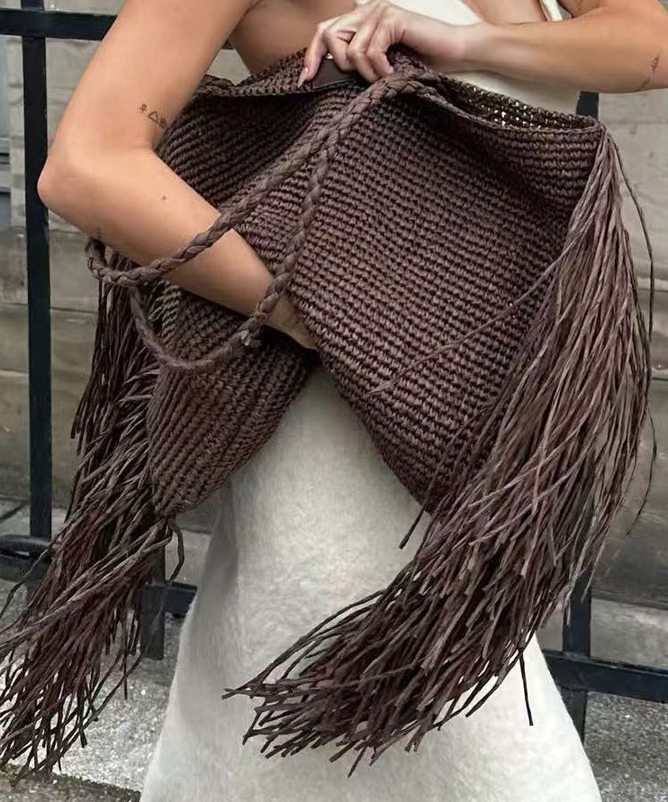 Sac à bandoulière tendance et polyvalent avec pompon tissé café - Street-Wave