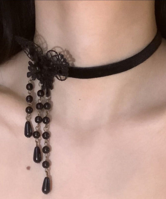 Collier avec pendentif papillon en alliage de cuivre noir et perles - Street-Wave