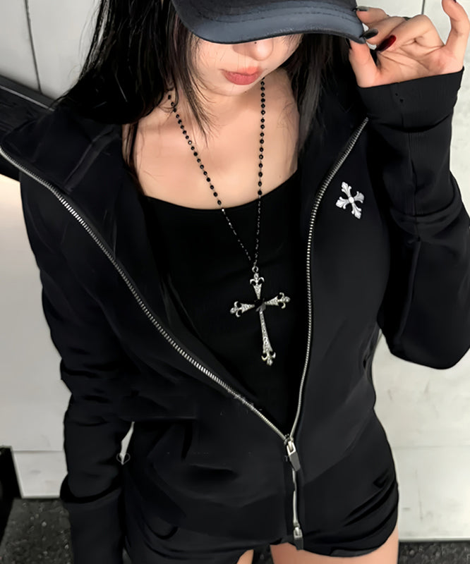Collier de perles en métal noir et zircon à la mode avec croix graduée - Street-Wave