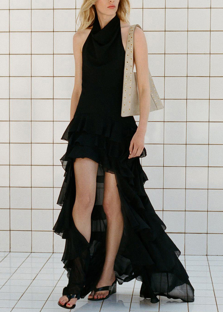 Robe en mousseline de soie noire à volants, coupe basse et haute, sans manches - Street-Wave