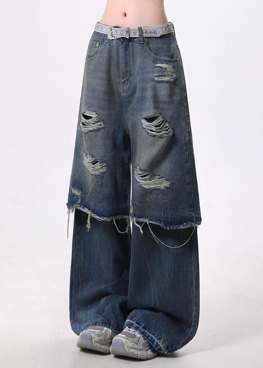 Pantalon en jean déchiré bleu à la mode, deux pièces, patchwork, printemps - Street-Wave