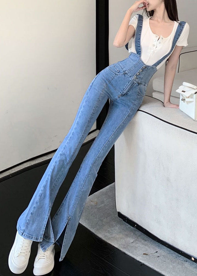 Pantalon évasé en denim bleu taille haute à bretelles tendance pour l'été - Street-Wave