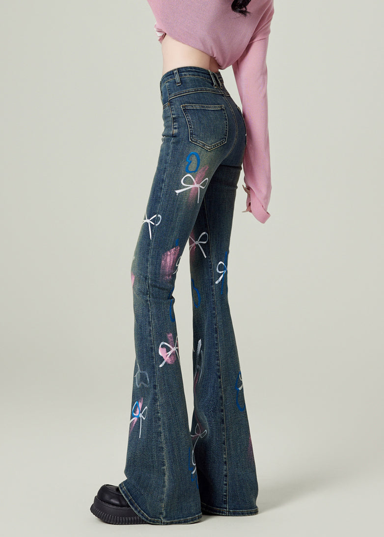 Pantalon évasé en denim bleu à poches et nœuds pour le printemps - Street-Wave