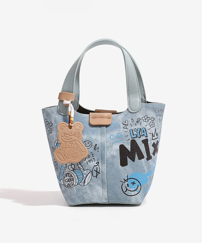 Sac seau en denim patchwork à imprimé bleu tendance - Street-Wave