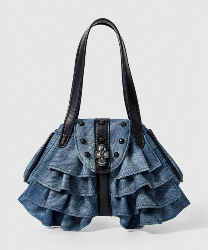Sacs à bandoulière en denim patchwork à volants bleus tendance avec perles - Street-Wave