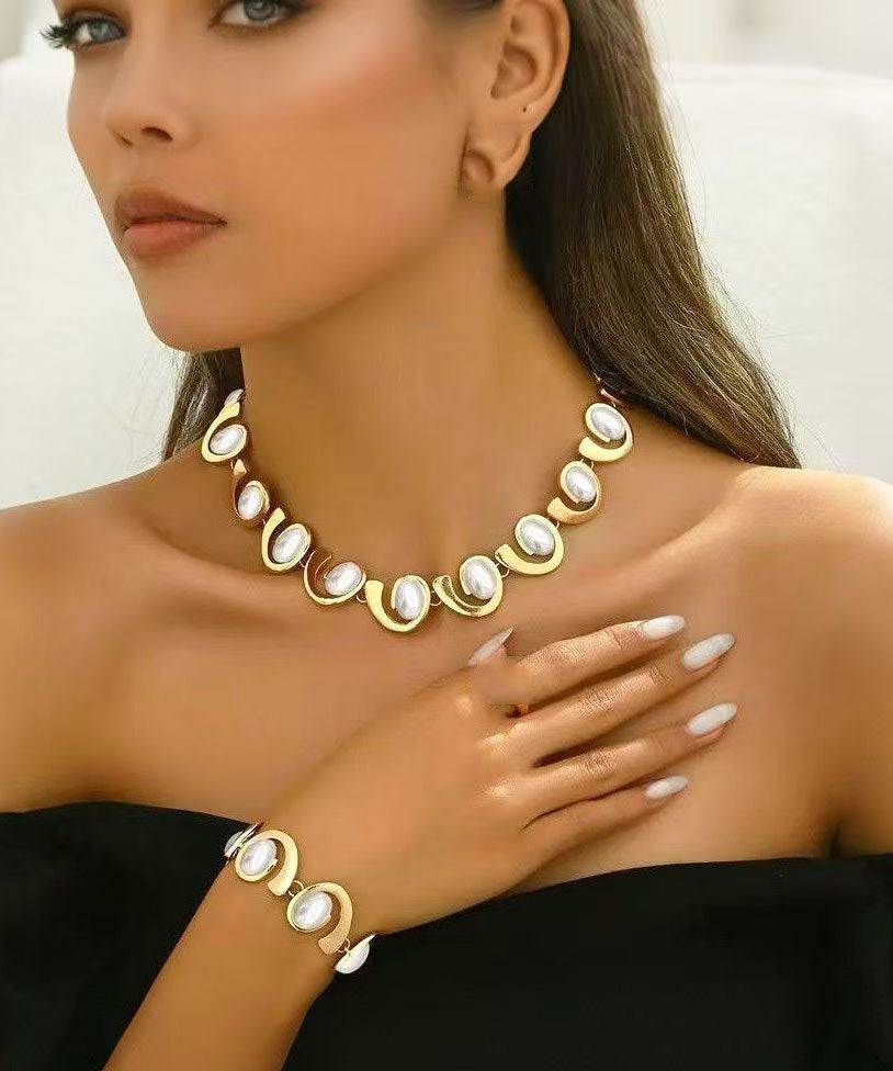 Ensemble deux pièces collier et bracelet chaîne en cuivre doré tendance - Street-Wave