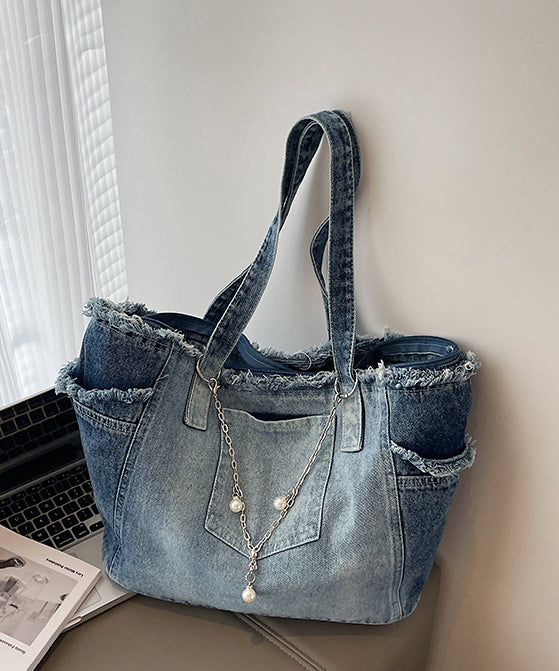 Sacs à bandoulière en denim bleu dégradé à pompons, grande capacité - Street-Wave