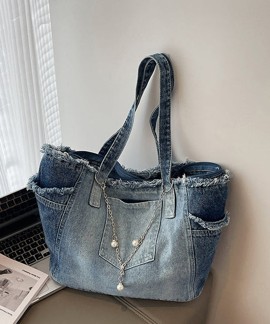 Sacs à bandoulière en denim bleu dégradé à pompons, grande capacité - Street-Wave