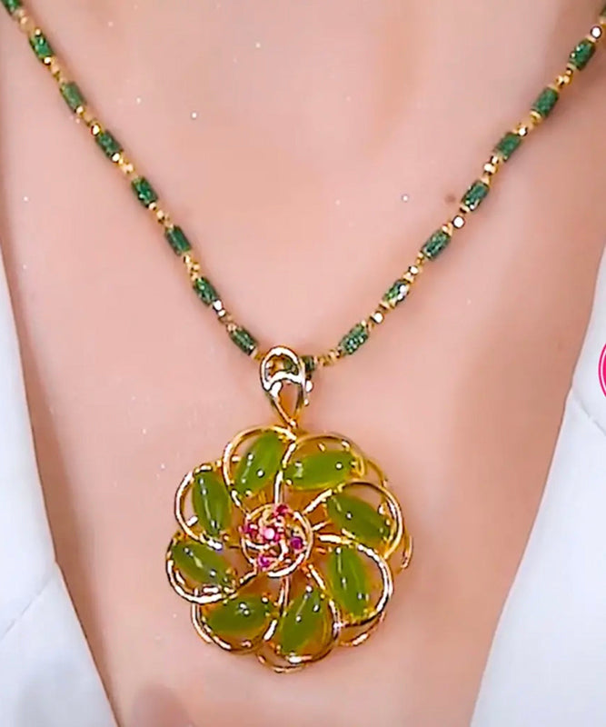 Collier pendentif floral incrusté en argent sterling vert tendance - Street-Wave