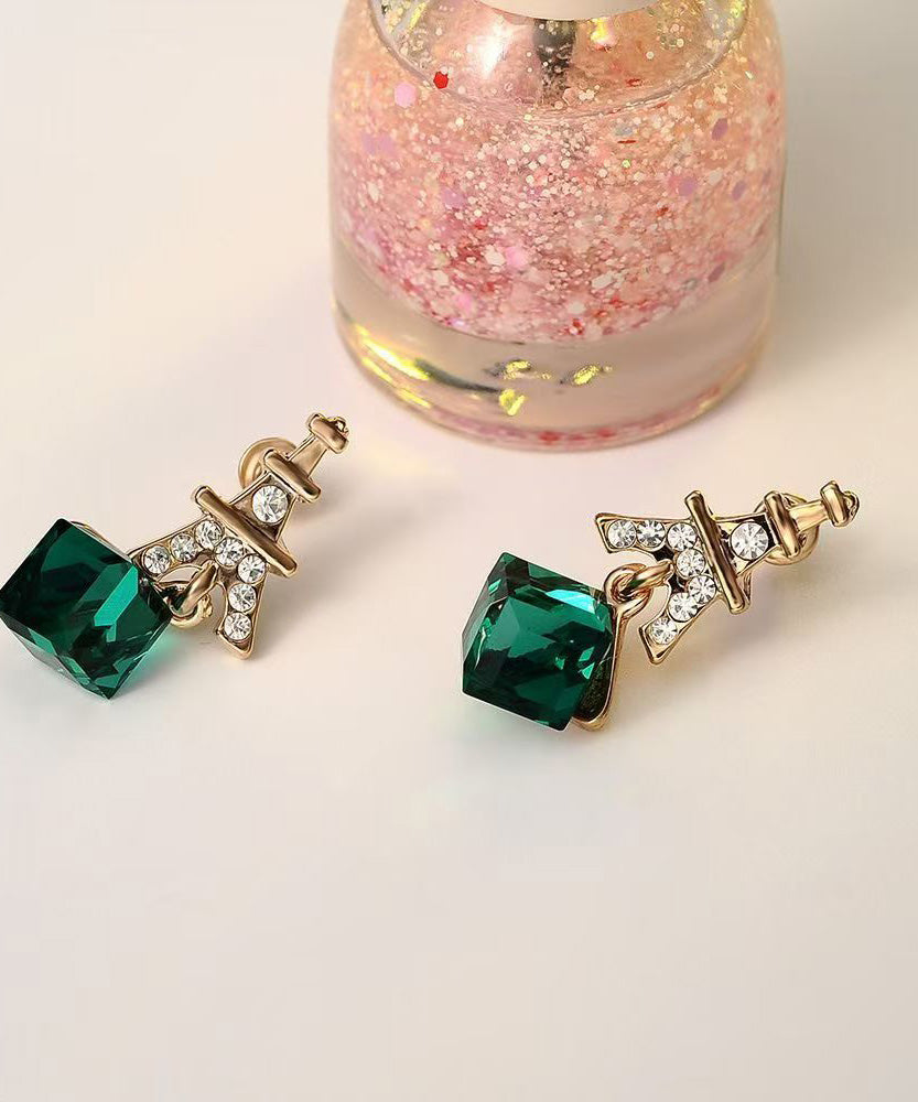 Boucles d'oreilles pendantes tendance en argent sterling vert et cristal de zircon surdoré - Street-Wave
