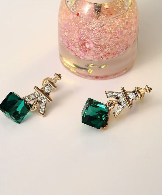 Boucles d'oreilles pendantes tendance en argent sterling vert et cristal de zircon surdoré - Street-Wave