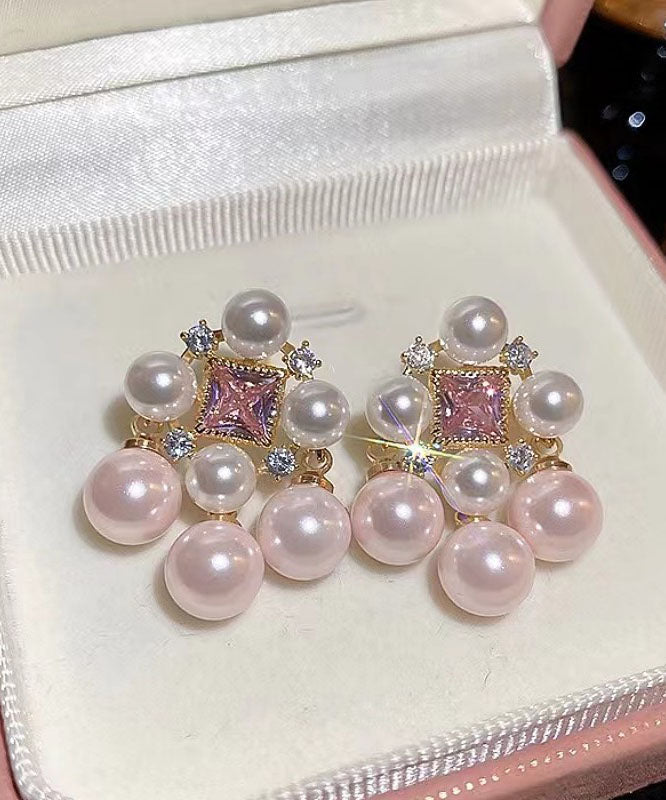 Boucles d'oreilles à tige creuses en alliage rose clair avec perles de zircone - Street-Wave