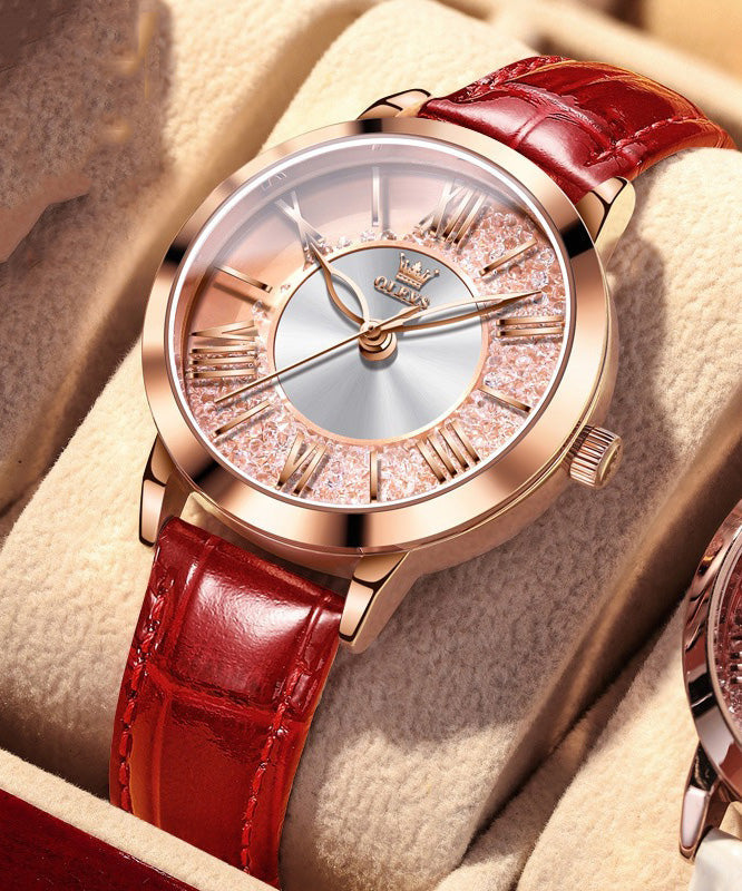 Montre à quartz en cuir rouge avec zircons dorés et étanche - Street-Wave