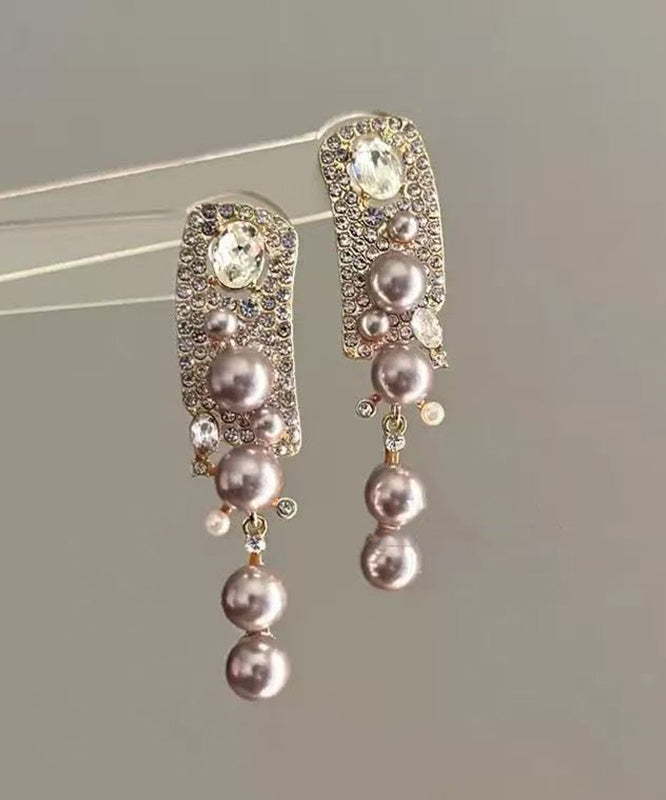 Boucles d'oreilles pendantes à pampilles en alliage de zircon et perles roses tendance - Street-Wave