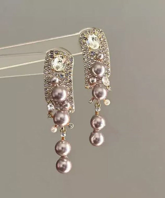 Boucles d'oreilles pendantes à pampilles en alliage de zircon et perles roses tendance - Street-Wave
